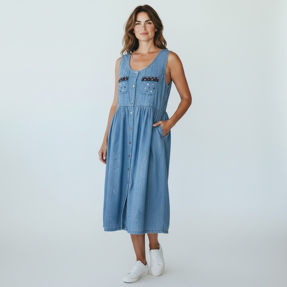 Vintage denim dress embroidered pockets, flowers button front, Lagenlook